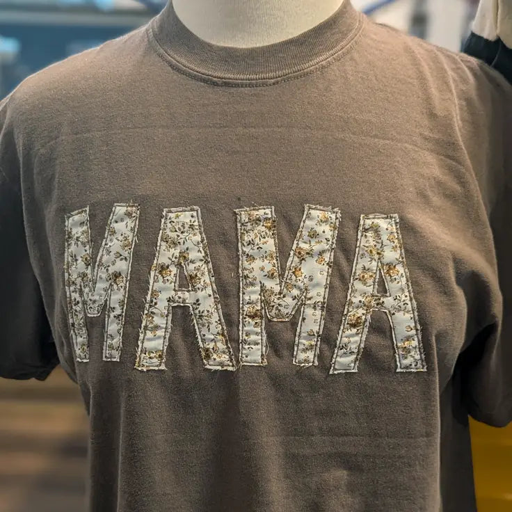 Espresso Floral Applique MAMA Embroidered Comfort Colors T-Shirt - Apparel