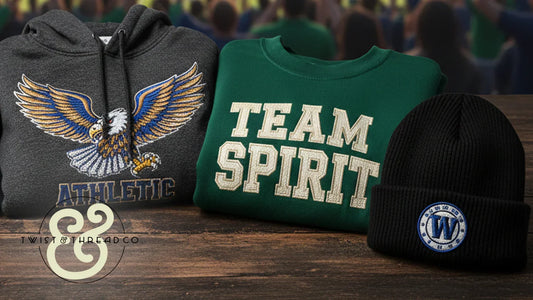 Embroidered eagle hoodie, 'Team Spirit' sweatshirt, and logo beanie by Twist & Thread Co.