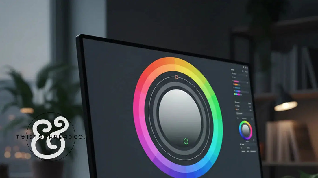 Close-up of a computer screen displaying a digital color wheel interface in a dimly lit office with a bookshelf and lamp