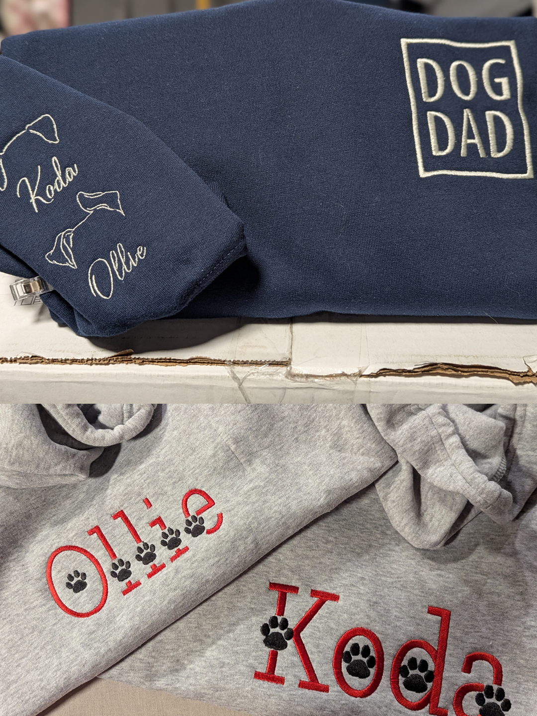 Gray custom embroidered pet hoodie with blue paw print design and 'Renly' text, Twist & Thread Co.
