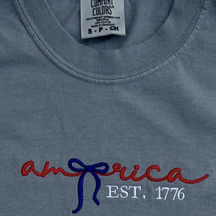 ’America Est. 1776’’ Patriotic Coquette Embroidered Apparel - T-Shirt (Comfort Colors) / S - Apparel
