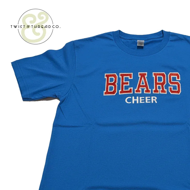 Blue embroidered BEARS CHEER t-shirt from Twist & Thread Co., custom team apparel.