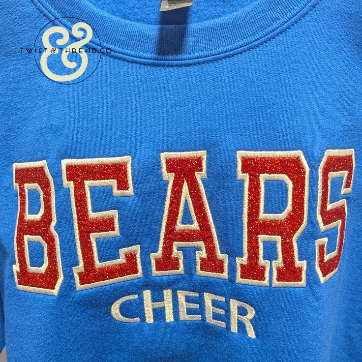 Blue embroidered sweatshirt with red glitter 'BEARS' and gold 'CHEER' text, Twist & Thread Co.