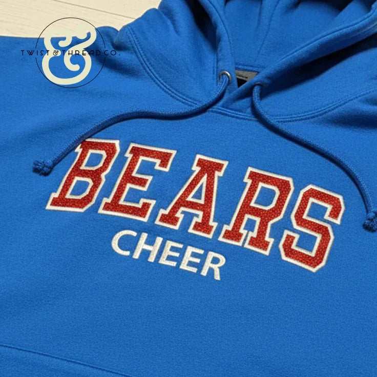 Blue hoodie with red BEARS CHEER embroidered, Twist & Thread Co. custom apparel.