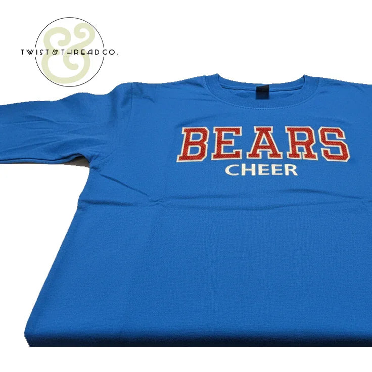 Blue BEARS Cheer embroidered shirt from Twist & Thread Co., custom team apparel