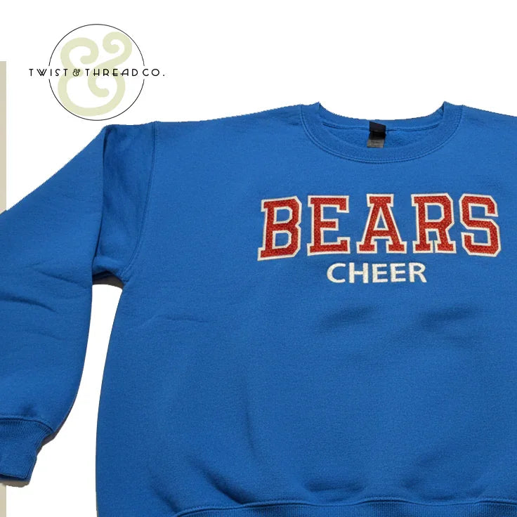 Blue crewneck sweatshirt with BEARS CHEER embroidered, from Twist & Thread Co.