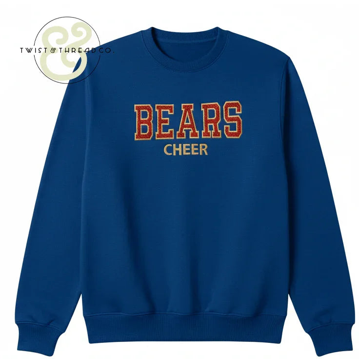 Blue embroidered BEARS CHEER sweatshirt by Twist & Thread Co., premium cheer apparel