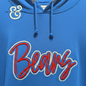 Blue hoodie with red and white embroidered 'Bears' logo by Twist & Thread Co.