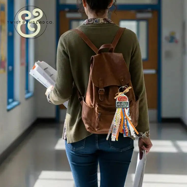 Teacher walking in school hallway wearing brown backpack with colorful teacher-themed bag tag and holding papers