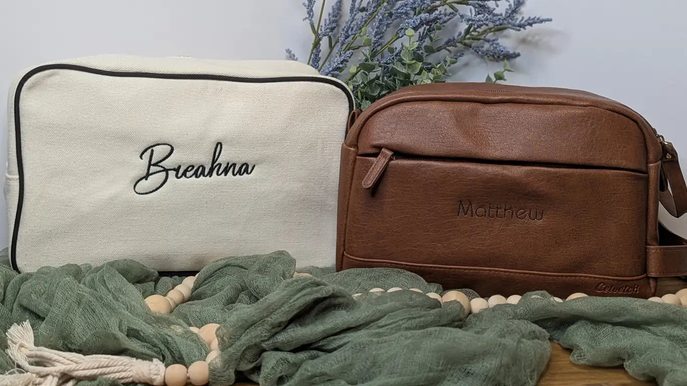Brown leather crossbody bag with embossed name ’matthew’ and a small brand logo on the corner