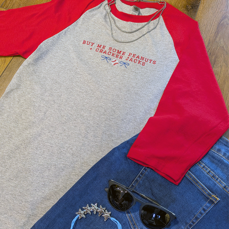 ’Buy Me Some Peanuts and Cracker Jacks’ Embroidered Raglan T-Shirt - Apparel