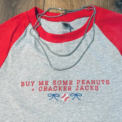 ’Buy Me Some Peanuts and Cracker Jacks’ Embroidered Raglan T-Shirt - Apparel