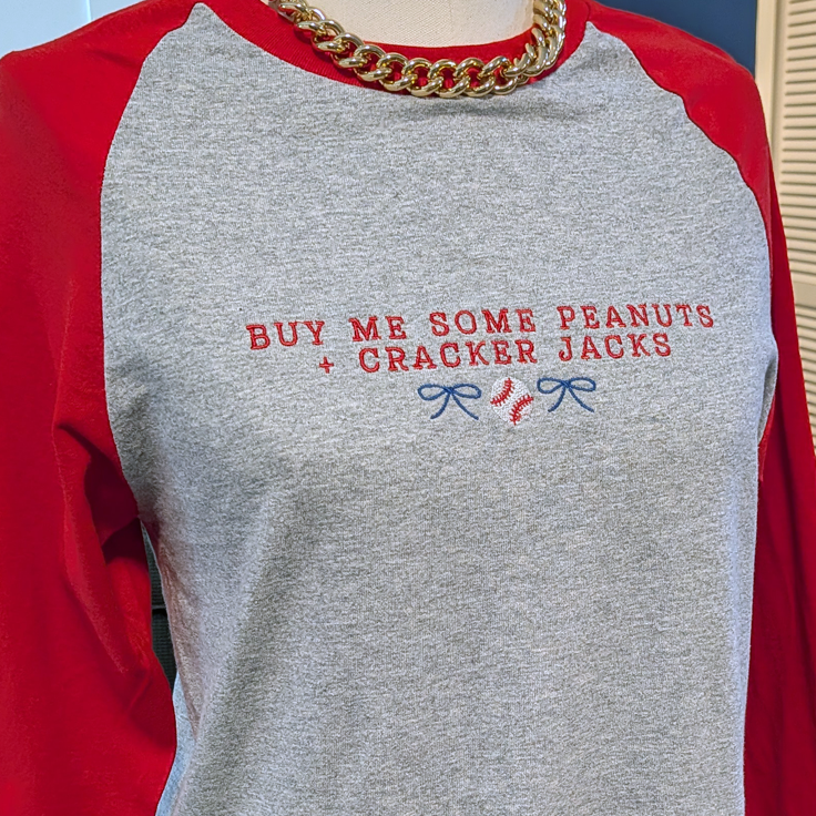 ’Buy Me Some Peanuts and Cracker Jacks’ Embroidered Raglan T-Shirt - T-Shirt (Raglan 3/4 Sleeve) / S - Apparel
