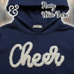 Navy blue Gildan hoodie with white yarn 'Cheer' lettering, cheerleading apparel