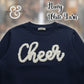 Navy blue Gildan sweatshirt with white yarn 'Cheer' applique, Twist & Thread Co. branding