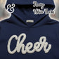 Navy blue Gildan hoodie with white yarn 'Cheer' lettering, cheerleading apparel