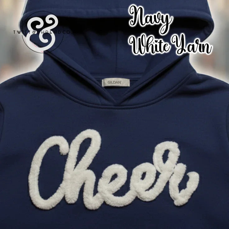 Navy blue Gildan hoodie with white yarn 'Cheer' lettering, cheerleading apparel