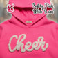 Safety pink Gildan hoodie with white yarn 'Cheer' text, Twist & Thread Co branding