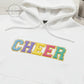 White hoodie with colorful embroidered CHEER text, Twist & Thread Co. branding visible