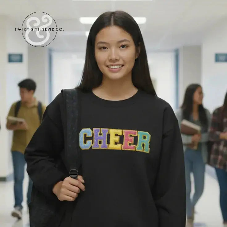 Smiling student in black CHEER sweatshirt walking in school hallway with backpack.