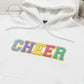 White hoodie with colorful embroidered CHEER text, Twist & Thread Co. branding visible