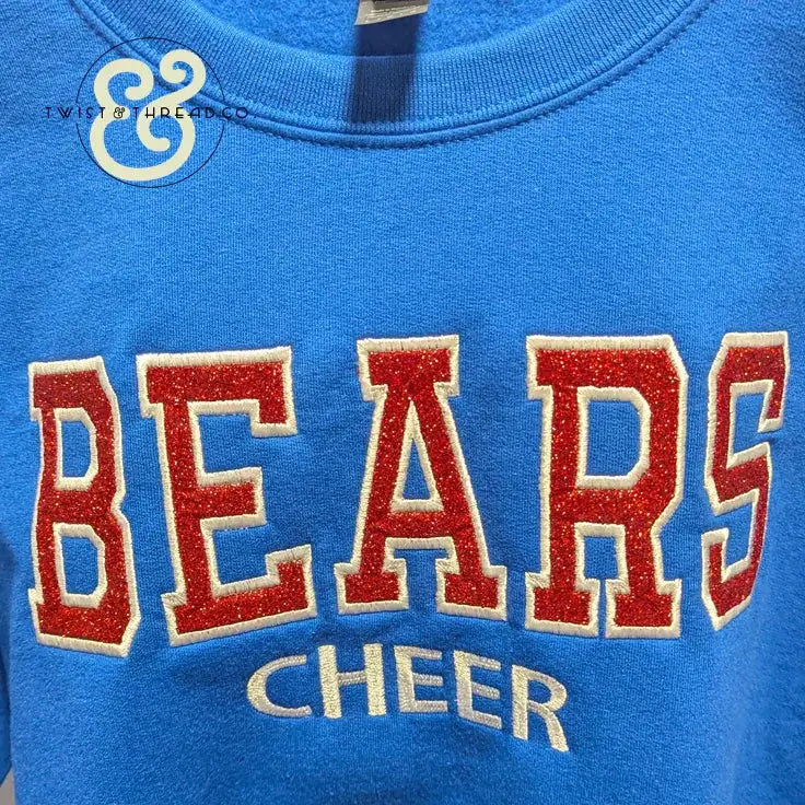 Blue embroidered sweatshirt with red glitter 'BEARS' and gold 'CHEER' text, Twist & Thread Co.