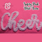 Safety pink fabric with white yarn 'Cheer' embroidery, Twist & Thread Co. branding
