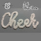Cheer word sign crafted from ash white yarn on gray background, Twist & Thread Co. decor