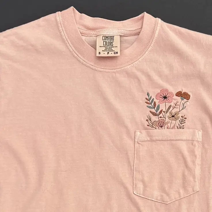 Comfort Colors Embroidered Wildflower Garden Pocket Tee - Apparel