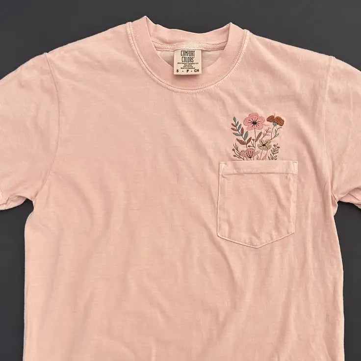Comfort Colors Embroidered Wildflower Garden Pocket Tee - Apparel
