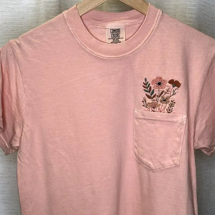 Comfort Colors Embroidered Wildflower Garden Pocket Tee - Apparel