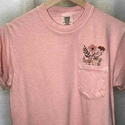 Comfort Colors Embroidered Wildflower Garden Pocket Tee - Apparel