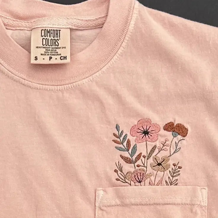 Comfort Colors Embroidered Wildflower Garden Pocket Tee - Pocket T-Shirt (Comfort Colors) / S - Apparel