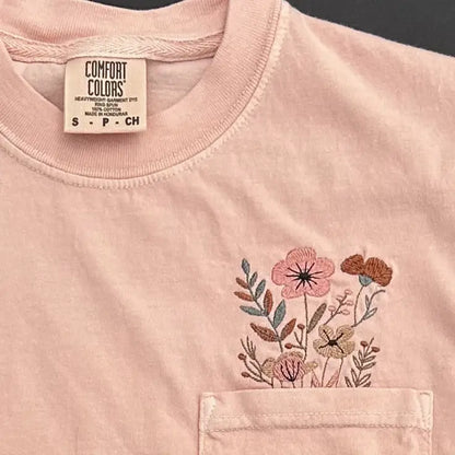 Comfort Colors Embroidered Wildflower Garden Pocket Tee - Pocket T-Shirt (Comfort Colors) / S - Apparel