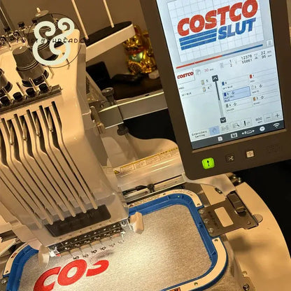 Custom embroidery machine stitching red letters on fabric, Twist & Thread Co. workspace