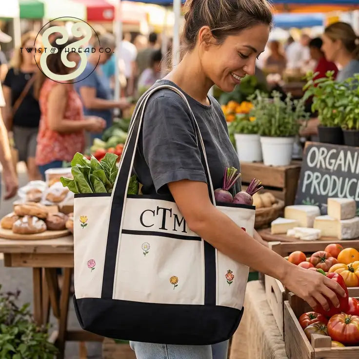 Cream-colored canvas tote bag with black trim, embroidered floral motifs and monogrammed initials.