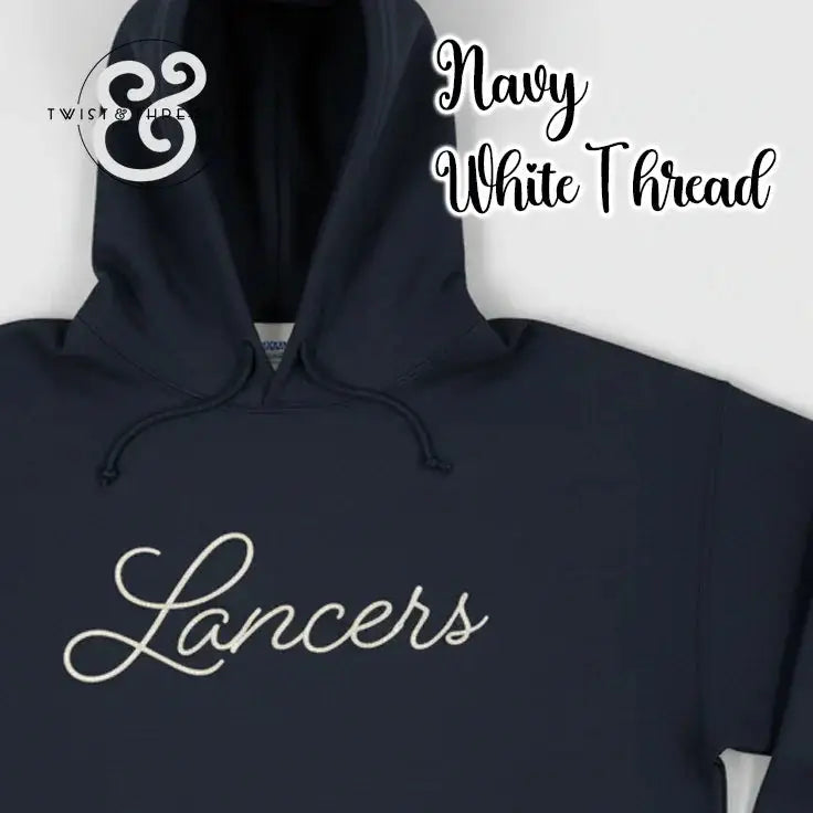 Navy hoodie with white thread embroidery spelling Lancers, featuring Twist & Thread logo