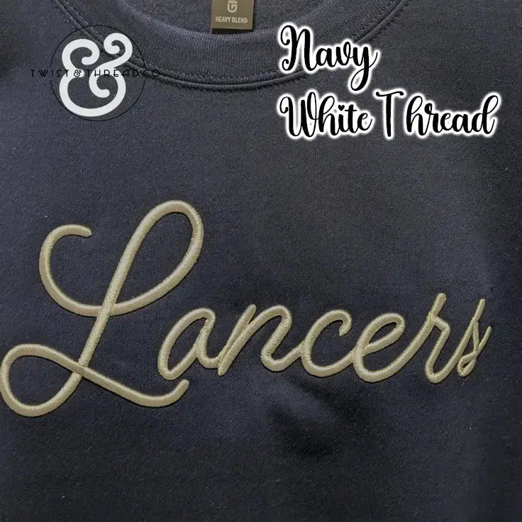 Navy sweatshirt with white embroidered script text 'Lancers' and Twist & Thread Co logo