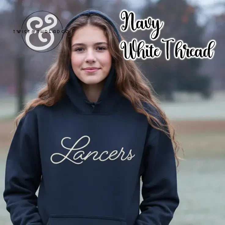 Smiling woman outdoors wearing navy hoodie with white thread 'Lancers' text and Twist & Thread Co logo