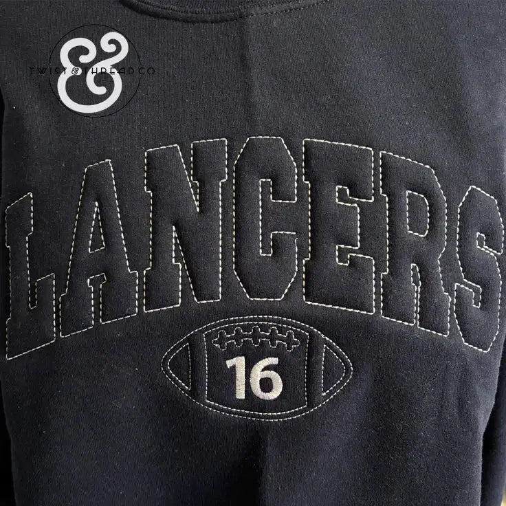 Black sweatshirt with white stitched LANCERS text and football design featuring number 16