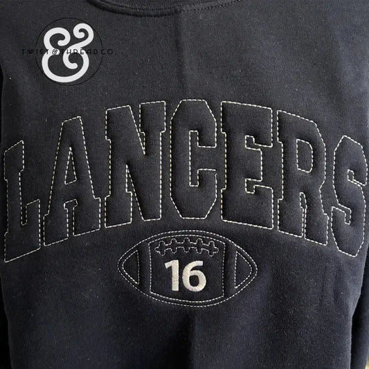 Black sweatshirt with white stitched LANCERS text and football design featuring number 16
