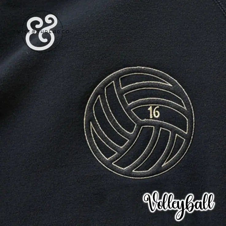 Black fabric with embroidered beige volleyball and number 16, volleyball text logo