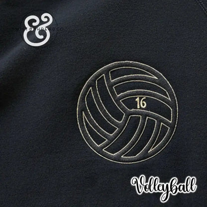 Black fabric with embroidered beige volleyball and number 16, volleyball text logo