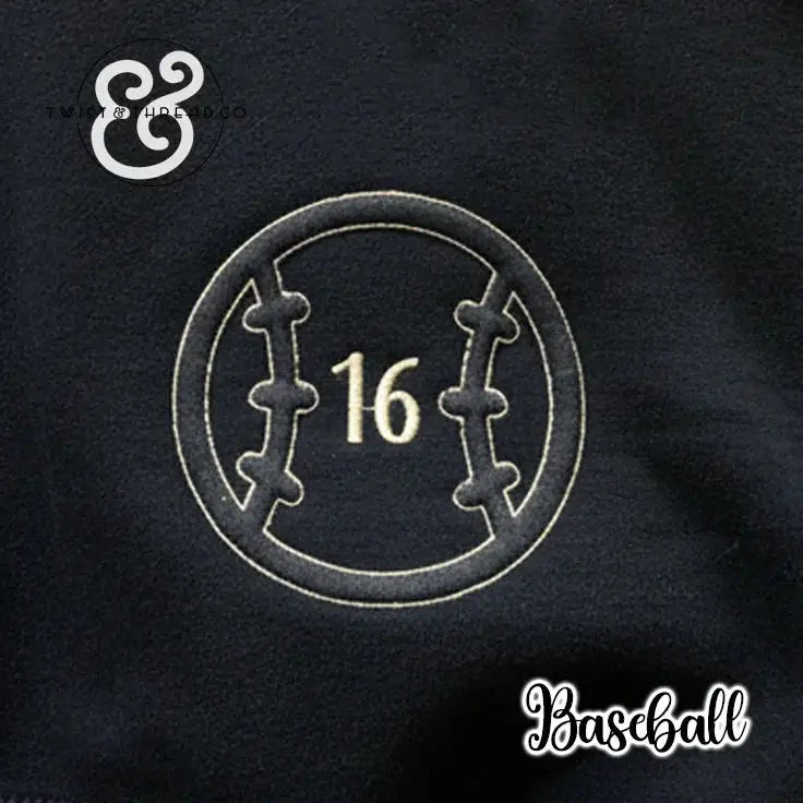 Black fabric with embroidered beige baseball stitching and number 16, baseball-themed design