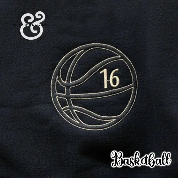 Black fabric with embroidered basketball outline and number 16, basketball theme embroidery