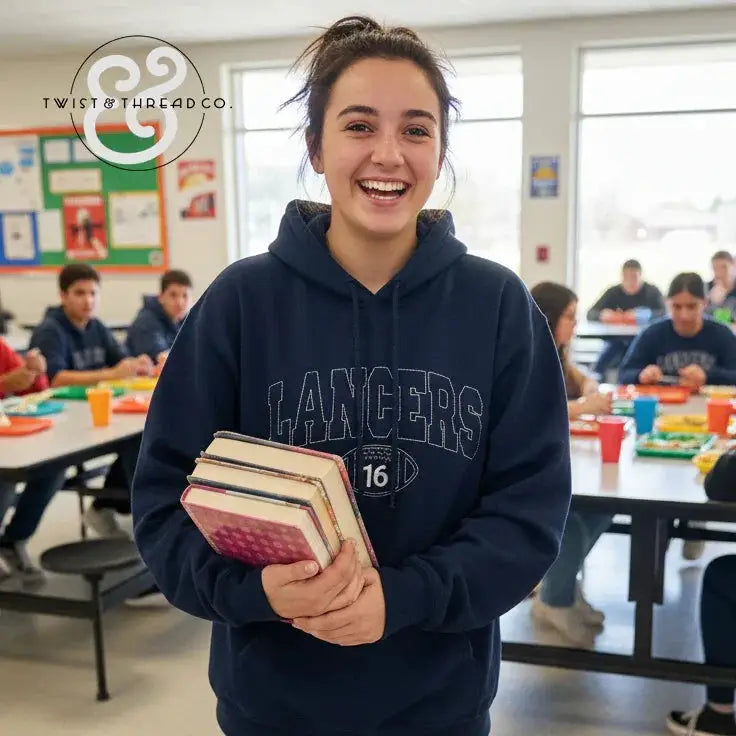 Smiling student wearing navy Lancers hoodie holding books in a school cafeteria with students in background