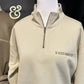 Embroidered beige quarter-zip pullover with Roman numerals, Twist & Thread Co. apparel
