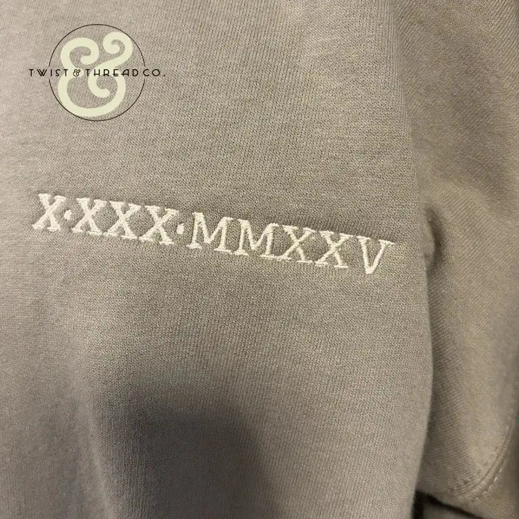 Grey embroidered sweatshirt with Roman numerals detail by Twist & Thread Co.