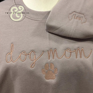 Custom embroidered hoodie with 'dog mom' and paw print, Twist & Thread Co. personalized apparel