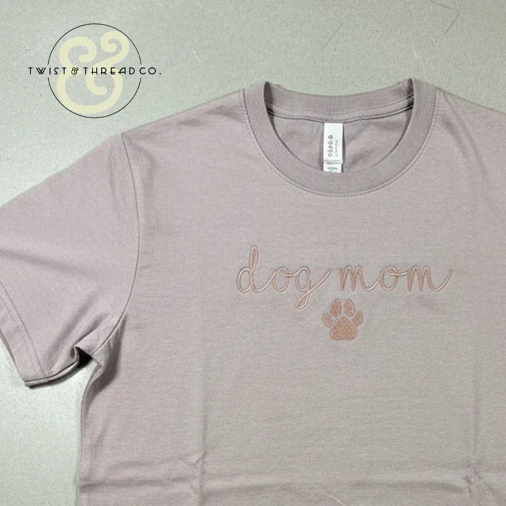 Twist & Thread Co. custom embroidered dog mom t-shirt with paw print design